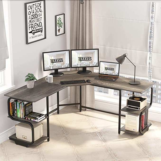 Travel Modern L Shaped Desk with Shelves, Computer Desk/Gaming Desk 