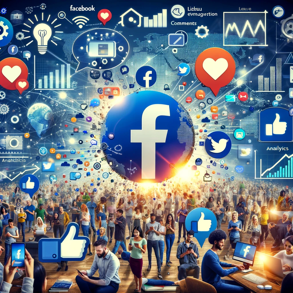  A digital collage representing Facebook marketing concepts. The image features a bustling social media landscape with a large, central Facebook logo. 